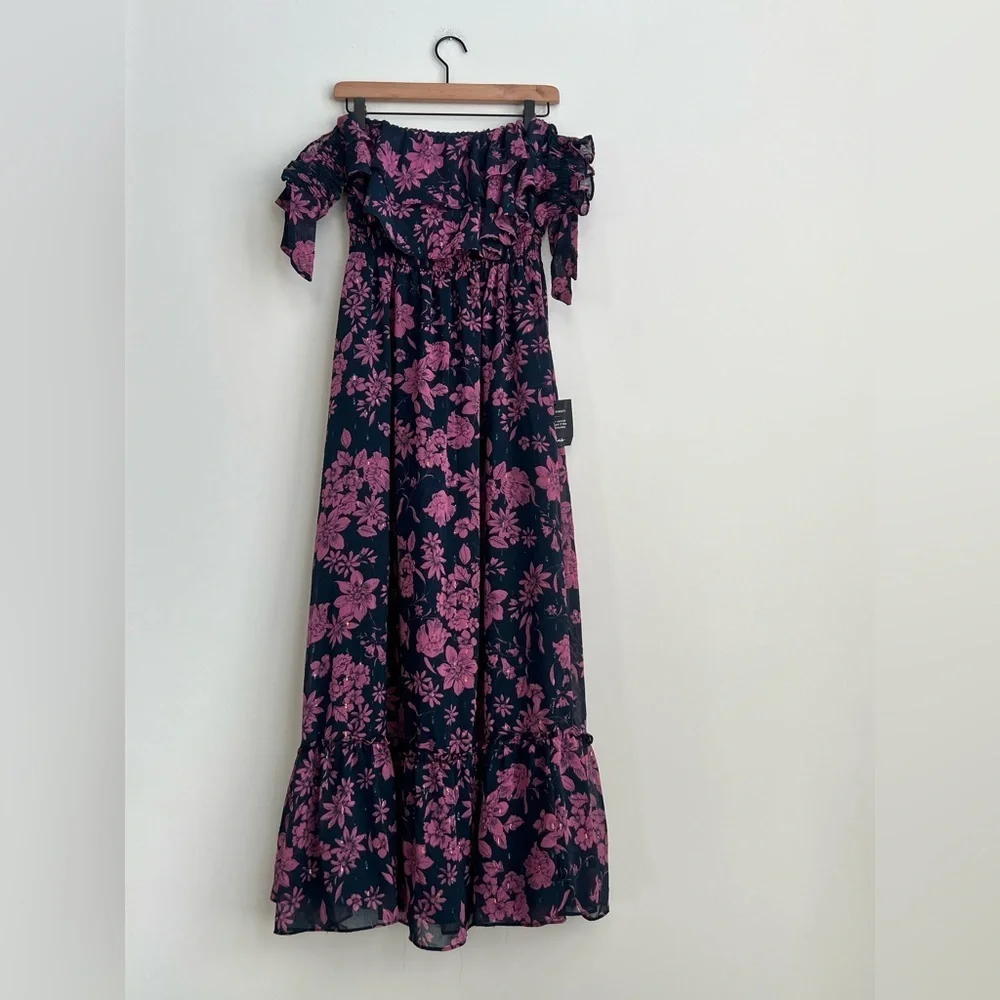 New Lulus Love and Blooms Navy Blue Floral Print Off The Shoulder maxi Dress - Picture 6 of 14